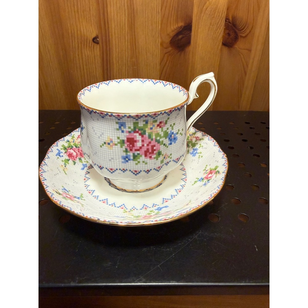 Royal Albert Petit Point China Teacup & Saucer Floral Needlepoint Gold Trim